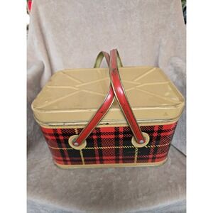 Vintage Nesco Metal Picnic Basket Red Black Plaid Tin Litho Mid Century Hamper